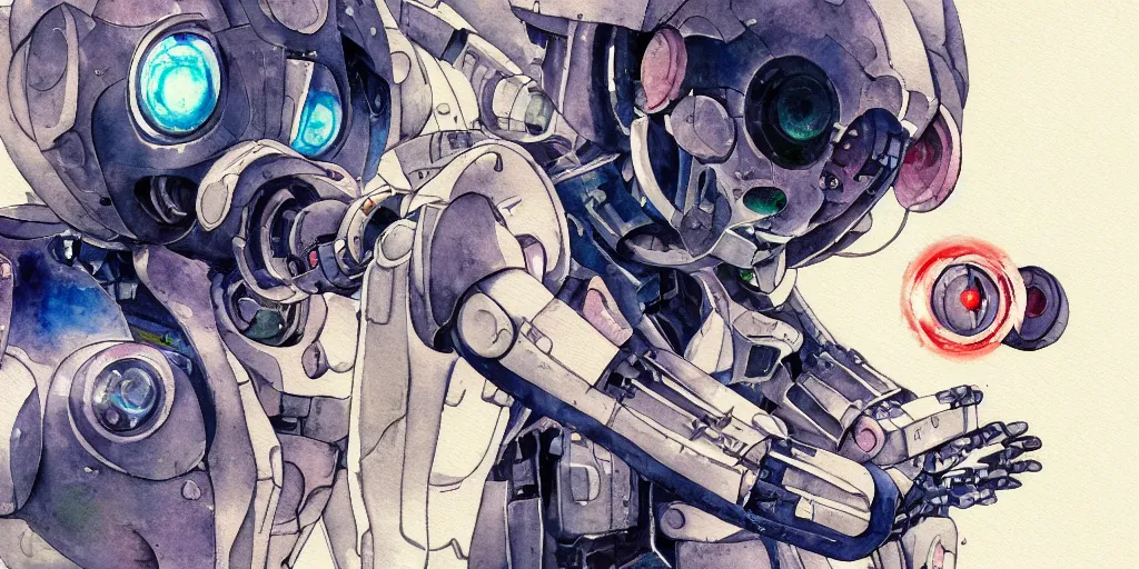 Prompt: watercolour painting of a broken robot repairing itself, anime, pencil lines, light watercolour, pale sky, beautiful artwork, anime screenshot, akihabara