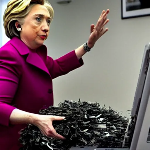 Image similar to a candid photo of hillary clinton as she desperately tries, unsuccessfully, to shred a large stack of laptops.