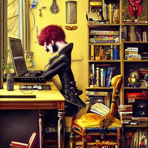 Image similar to goth guy sitting at computer in cluttered room, by michael hutter, aesthetic!!!, detailed, realistic, hyper realism, small details, goth aesthetic,