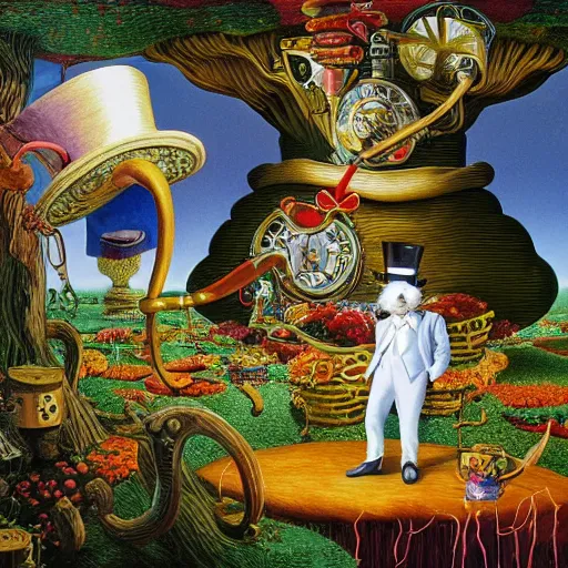 Prompt: the white rabbit wearing a top hat and vest, is looking at his pocketwatch in wonderland, by jacek yerka and salvador dali, detailed matte painting, 8 k resolution