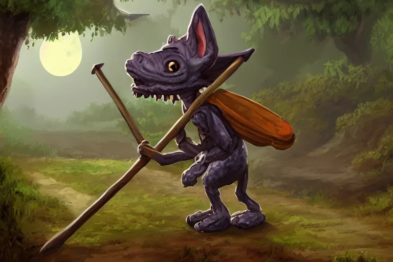 Prompt: a lone d & d kobold, traveling long dirt road, carrying a bindle on a stick, fantasy setting, 4 k, digital art 🎨🖌