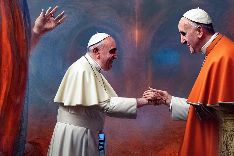 Image similar to the pope shaking hands with the evil, hyper detailed, orange red blue tones dramatic lighting, cgsociety, realistic, hyper detailed, insane details, intricate, dramatic lighting, hypermaximalist, golden ratio, rule of thirds, octane render, weta digital, micro details, ultra wide angle, artstation trending, 8 k