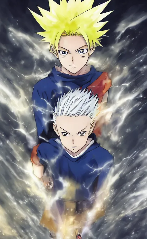 Image similar to Anime key visual of a young boy with spikey yellow hair and lightning powers, portrait, white background, Illustrated by Kohei Horikoshi, high quality face, detailed eyes, big eyes, official media, 8k, anime, detailed, HD, trending on artstation, Illustrated by Akira Toriyama