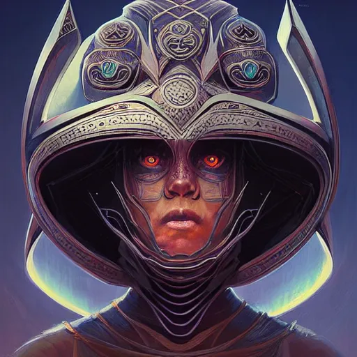 Prompt: professional ominous concept art portrait of a character with a mandala helmet by artgerm and greg rutkowski. an intricate, elegant, highly detailed digital painting, concept art, smooth, sharp focus, illustration, in the style of simon stalenhag, wayne barlowe, and igor kieryluk.