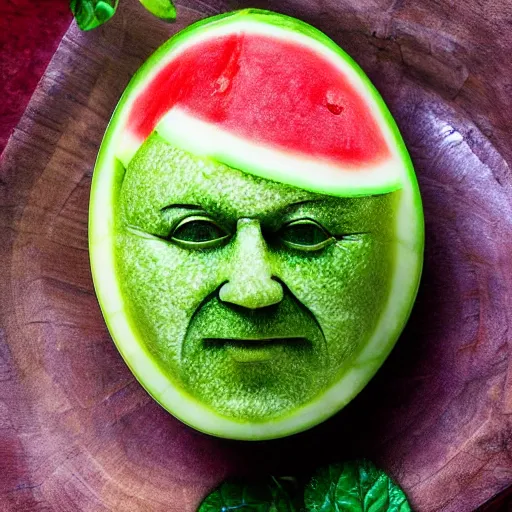 Image similar to a watermelon with the face of mike ehrmantraut carved into it. realistic photograph, intricate details