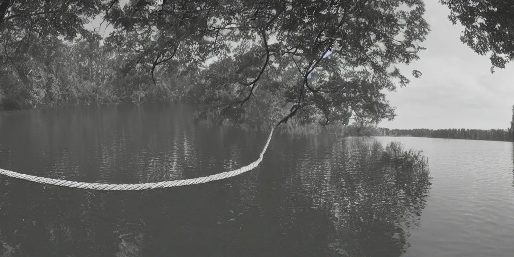 Image similar to centered photograph of a infintely long rope zig zagging across the surface of the water into the distance, floating submerged rope stretching out towards the center of the lake, a dark lake on a cloudy day, color film, trees in the background, hyper - detailed photo, anamorphic lens