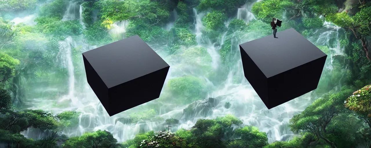 Image similar to One perfectly shaped black cube, hyper realistic, floating on the right side of a beautiful enchanted landscape with trees and waterfalls, in the style of Hayao Miyazaki