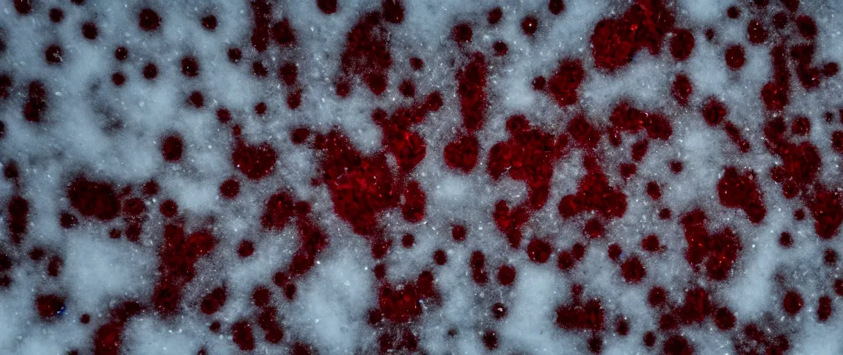 Image similar to top view extreme closeup movie like 3 5 mm film photograph of blood splattered onto the snow in antarctica at night, very dimly lit, in the style of macro photography