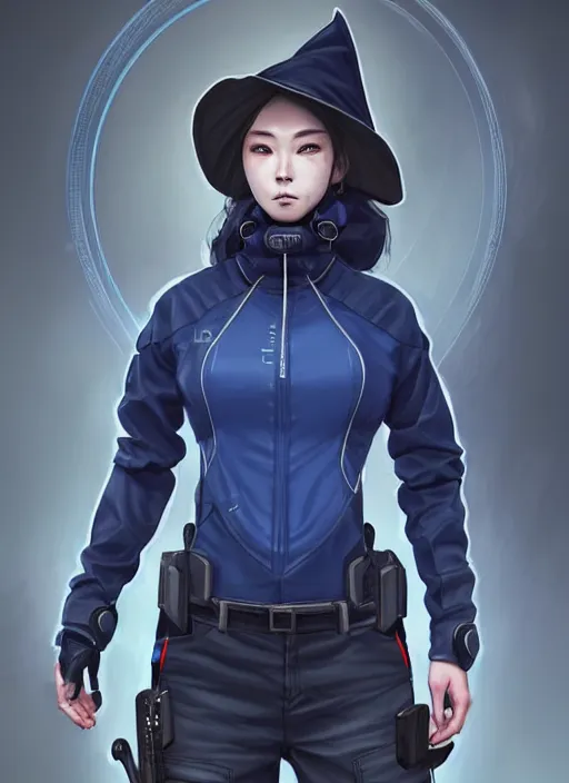 Image similar to full body portrait of a blue techwear uniform witch with guns. detailed face, concept art, digital art, intricate, highly detailed 8 k, smooth, sharp focus, beautiful and aesthetic shape of face and body, artgerm, artstation, art by zexi guo and nira and kafun and gharliera and rinotuna