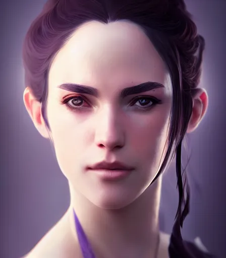 Image similar to beautiful portrait of a gorgeous personal trainer who looks like Yennefer of Vengerberg , character design by charlie bowater, ross tran, artgerm, and makoto shinkai, detailed, soft lighting, rendered in octane