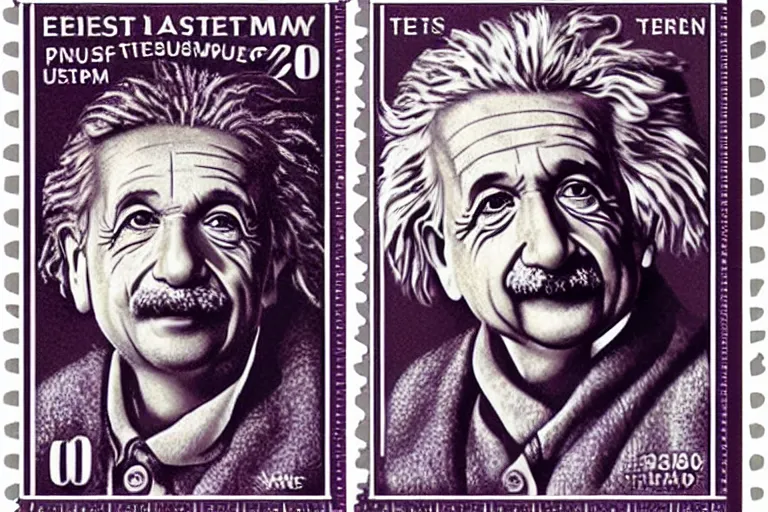 Image similar to engraved postage stamp of albert einstein with theory of relativity, detailed!!! color engraving in the style of a postage stamp, fine!!! lines