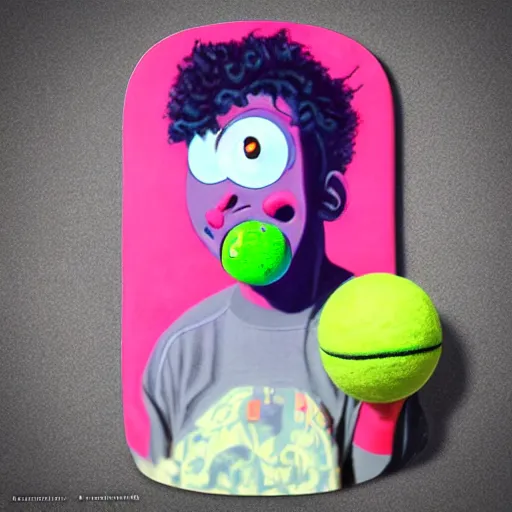 Image similar to lofi vaporwave portrait tennis ball monster skateboarding on a skateboard, chalk, pixar style, tristan eaton, stanley artgerm, tom bagshaw, basil gogos