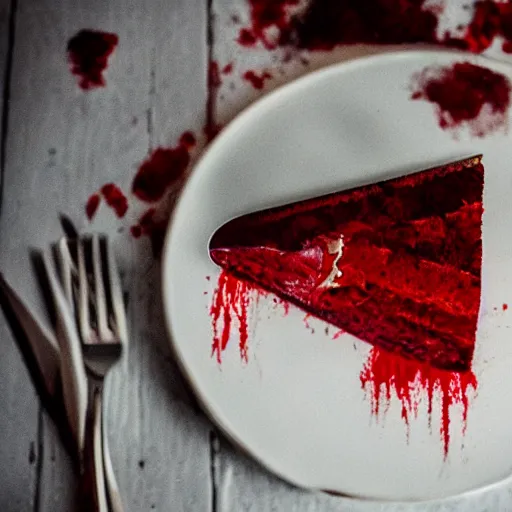 Prompt: wedding cake knife slice with blood dripping from the slice into a contract in a surrealistic style