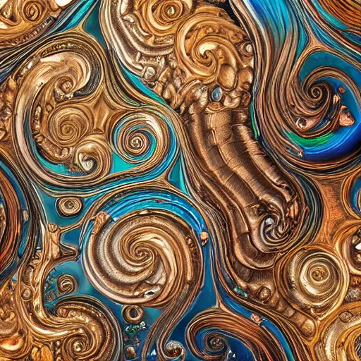 Prompt: Art Nouveau cresting oil slick waves, hyperdetailed bubbles in a shiny iridescent oil slick wave, black opals, ornate copper patina medieval ornament, rococo, oganic rippling spirals, octane render, 8k 3D