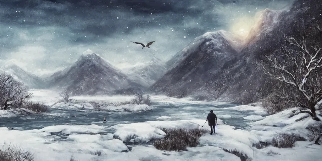 Prompt: A majestic landscape featuring a river, mountains and a forest. A small group of birds is flying in the sky. Harsh winter. very windy. There is a man walking in a deep snow.Camera is positioned behind the man. Cinematic, very beautiful, painting in the style of Lord of the rings