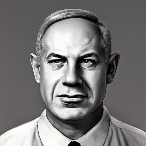 Image similar to portrait of benjamin netanyahu as the psycho killer, highly detailed, horror lighting, evil, by hugh kretschmer and norman rockwell