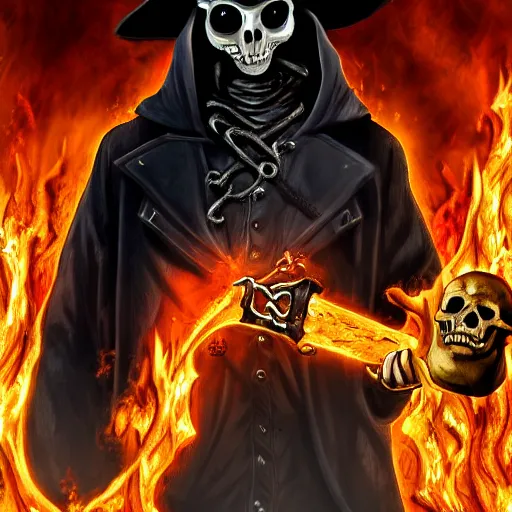 Image similar to a plague doctor with a skull surrounded by fire using black magic, ghost rider, ghost rider movie, studio quality, digital art, detailed anime