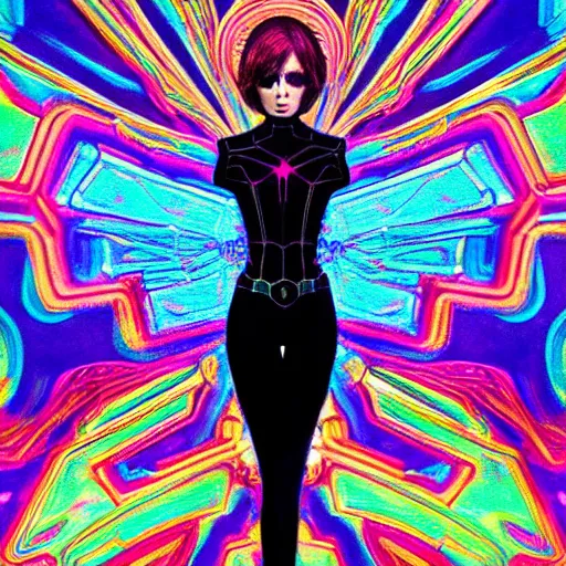 Prompt: long Shot of psychedelic Black widow standing in mysterious chromatic astral temple , beautiful, dmt, omnious, soft, hypermaximalistic, high details, cinematic, 8k resolution, artwork by Wong, Liam