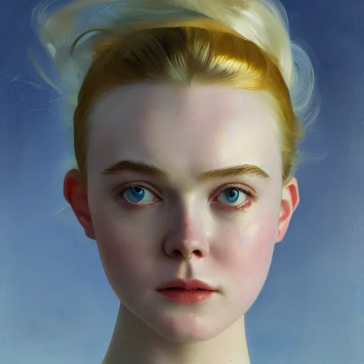 Image similar to Elle Fanning as an Android, head and shoulders masterpiece, oil on canvas, golden hour, in the world of Andrew Wyeth, artstation, by J. C. Leyendecker and Peter Paul Rubens,