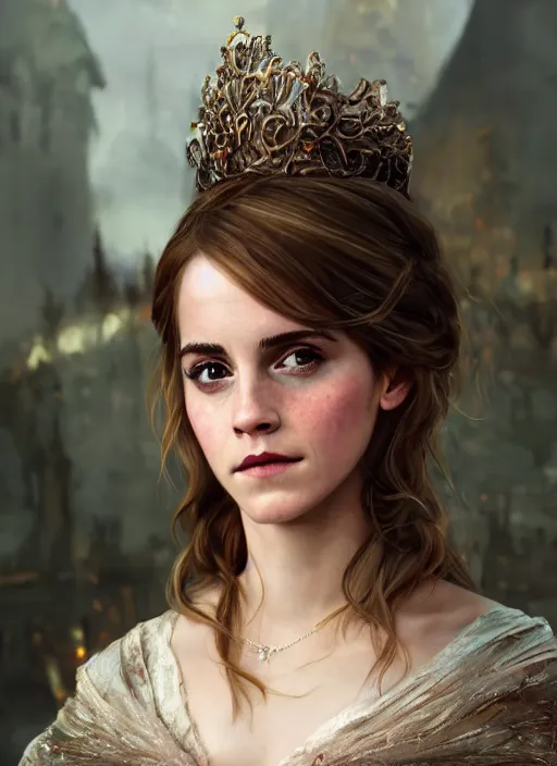 Image similar to emma watson as princess sofia, naturel, hyper detailed, digital art, trending in artstation, cinematic lighting, studio quality, smooth render, unreal engine 5 rendered, octane rendered, art style by klimt and nixeu and ian sprigger and wlop and krenz cushart