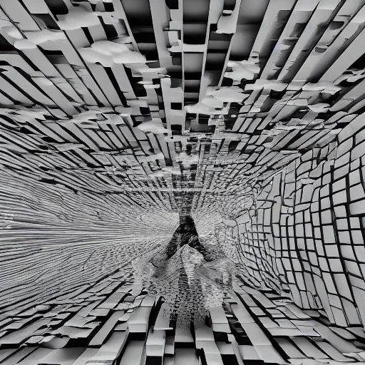 Image similar to defragmentation ( becoming whole with the glitch inside ), in the style of hiroya oku and ikeda and stanley kubrick, black and white, photorealistic, epic, super technical, 3 d render