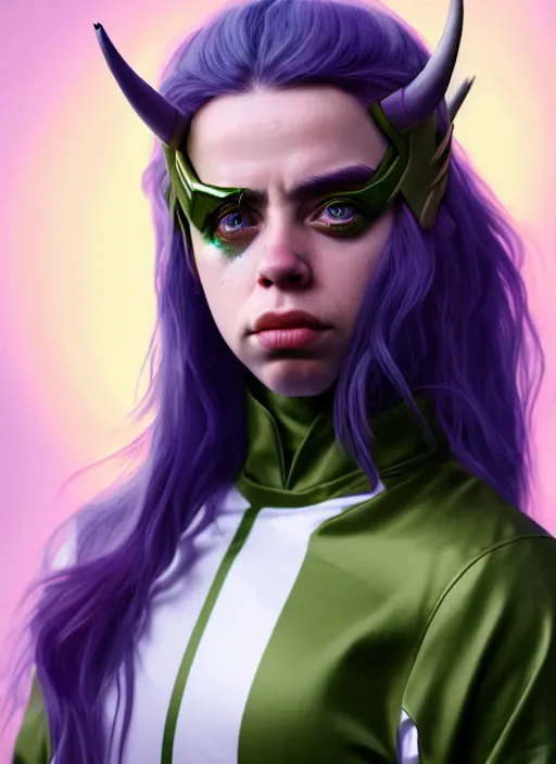 Prompt: Billie Eilish as Female Loki, beautiful facial symmetry, olive skin color, hyper realistic, hyper detail, very detailed, digital art, trending on artstation, smooth render, 8k octane render,