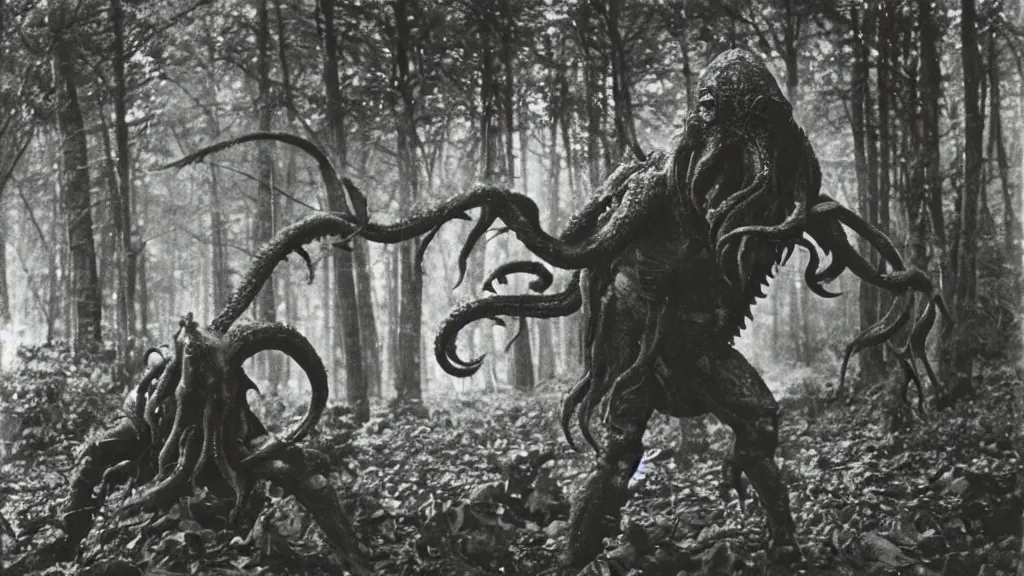 Image similar to An epic photo of an ancient terrifying Cthulhu in dark forest, consuming and eating and destroying a futuristic. by Diane Arbus and Louis Daguerre. highly detailed. 85mm, Bokeh