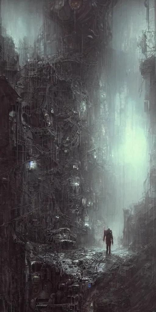 Image similar to lost and alone in an industrial cyberpunk wasteland by gustave dore and gustave moreau and beksinski and giger and craig mullins and jeremy mann