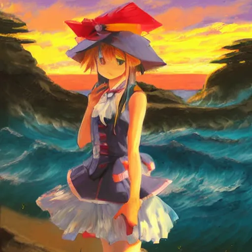 Prompt: Beautiful abstract impressionist painting of Kirisame Marisa from the Touhou project on a cliff looking calmly at the sea at sunset, touhou project official artwork, danbooru, oil painting by Antoine Blanchard, wide strokes, pastel colors, soft lighting sold at an auction