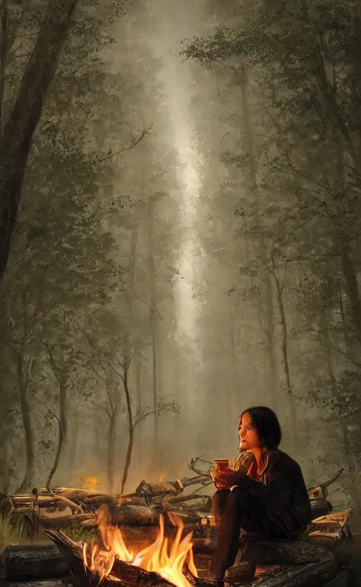 Prompt: A girl with short black hair and green eyes in a tan trenchcoat sitting on a log and drinking tea by the campfire by her motorcycle at night under the stars, evocative, mystical night, very very very very detailed, award winning, masterpiece digital painting by Greg Rutkowski, Alex Grey, artstation, 4k wallpaper