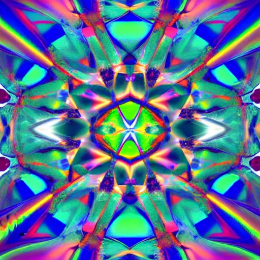 Prompt: a view from the side of an asymetric kaleidoscopic portal in the air over a desert, highly detailed, colourful, made of many polygonal pieces like shards of glass