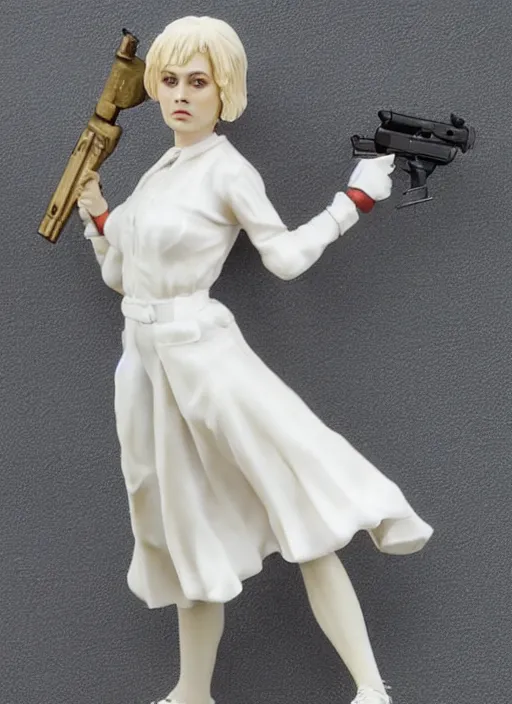 Prompt: Image on the store website, eBay, Wonderfully detailed 80mm Resin figure of a girl in white with a gun.