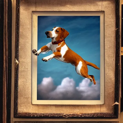 Image similar to Shakespeare style, a dog flying in the sky
