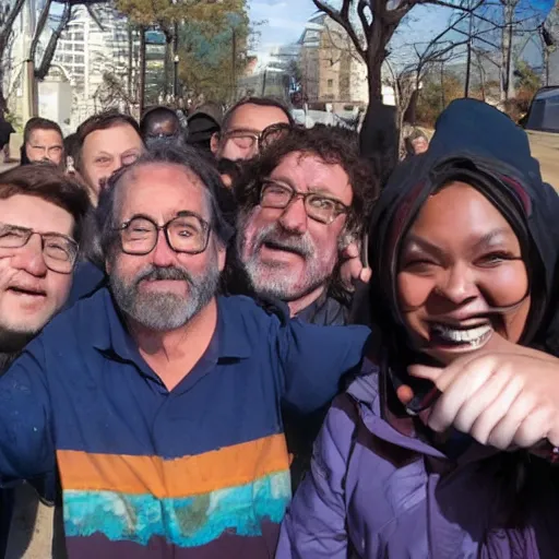 Image similar to a selfie of the president with a group of hobo supporters. symmetry, awesome exposition, very detailed, highly accurate, professional lighting diffracted lightrays, 8 k, sense of awe