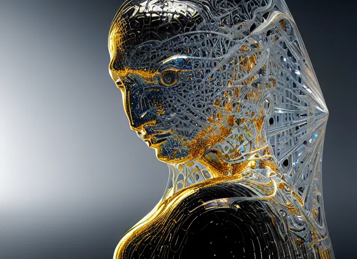 Image similar to hybrid biomechanical mona lisa, white pearlescent, chrome, iridescent metals, liquid gold, biomechanical garment, cinematic, crystalline masterpiece diamond incrustations, hyperdetailed metalwork, in volumetric soft glowing mist by erik johansson full frame mirrorless sensor, movie still, octane render, pixar, crepuscular rays,