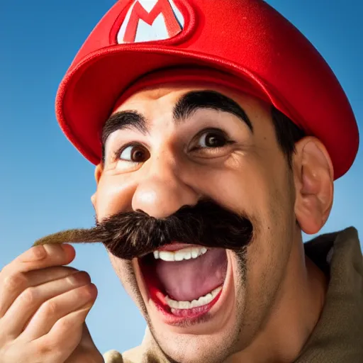 Image similar to photo of real life mario finding a giant mushroom, exhilarated, portrait, closeup. mouth open, 30mm, bokeh