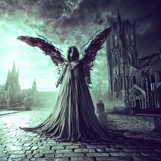 Prompt: a rotting zombie angel in front of a nation of worshippers, exterior cathedral, ultrafine colored illustration, hyperrealistic, cinematic atmosphere, intricate linework, sharp focus, octopath traveler, final fantasy, unreal engine highly rendered, global illumination, radiant light, intricate environment