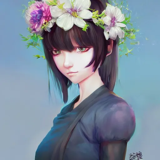 Image similar to portrait of anime pixie character with flower crown hair, manga cover, highly detailed, digital painting, artstation, concept art, sharp focus, illustration, strong brush stroke, anime, art by greg rutkowski, ilya kuvshinov, sharp focus, ghibli studio, art by ilya kuvshinov, rossdraws