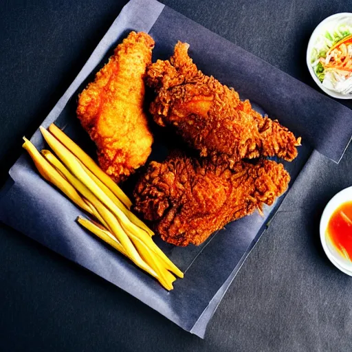 Image similar to fried chicken, sticky rice, papaya salad, thai street food, advertisement, banner “