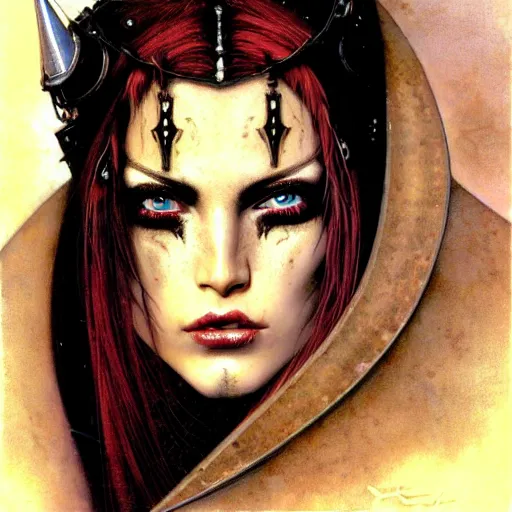 Prompt: an award finning closeup facial portrait by angus mcbride, luis royo and john howe of a very beautiful and attractive bohemian cyberpunk adventurer with green eyes and her face full of freckles looking in a challenging and seductive way straight at the camera, clothed in excessively fashionable haute couture musicians gear and wearing vibrant and ornate half - face makeup