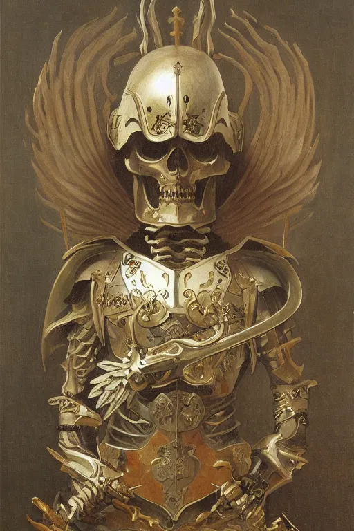 Image similar to portrait of a skeleton with chinese dragon in armor and helmet, majestic, solemn, big sword, wearing helmets and armor with wings, symmetrical, solemn, sacred, aura, by bouguereau