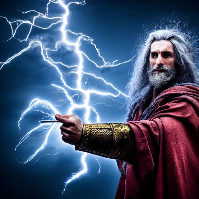 Image similar to photo of a sorcerer with lightning powers, highly detailed, 4 k, hdr, smooth, sharp focus, high resolution, award - winning photo