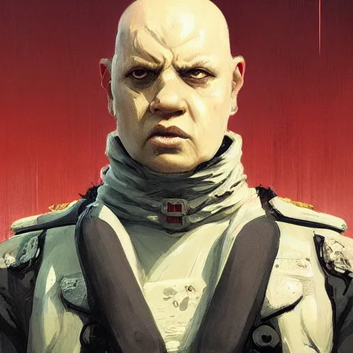 Image similar to portrait of rubbery albino mutant with determined expression, sharp features, moist skin and wide black eyes wearing fascist Napoleonic Tang Dynasty police uniform standing on cyberpunk docks, science fiction concept art by Greg Rutkowski and Anato Finnstark