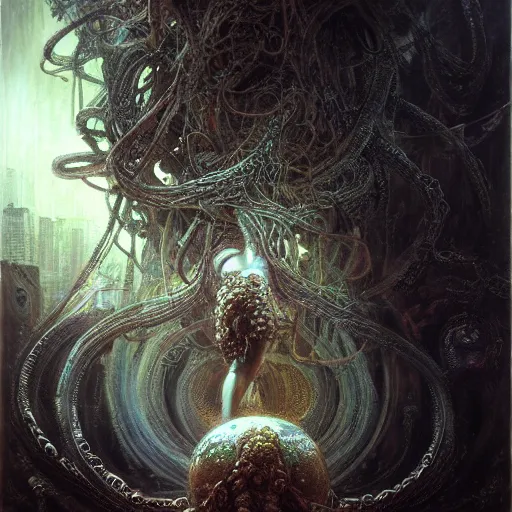 Image similar to cyberpunk medusa by gustave dore and gustave moreau and beksinski and giger and craig mullins and jeremy mann