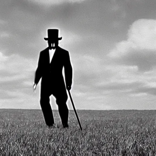 Image similar to a film still of a man holding a cane wearing a black suit and a bowler hat with a robotic face walking in a empty field in a 60s movie, black and white