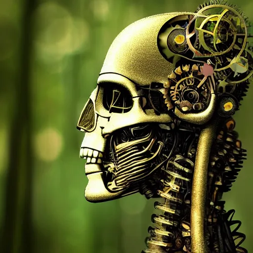 Prompt: super detailed portrait of a terminator's head, packed with cybernetics and and borg enhancements. In a forest with bokeh. Lots of Gears visible. Vegetation id growing out of it