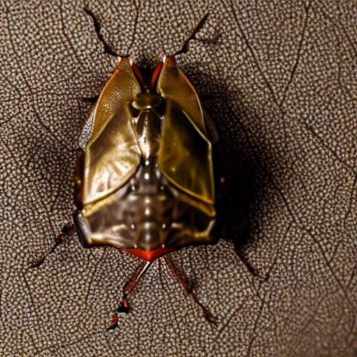 Prompt: a giant brown marmorated stink bug on a bed in a hotel room, bug, beetle, hotel, bed, pentatomidae, halyomorpha halys, canon eos r 3, f / 1. 4, iso 2 0 0, 1 / 1 6 0 s, 8 k, raw, unedited, symmetrical balance, wide angle