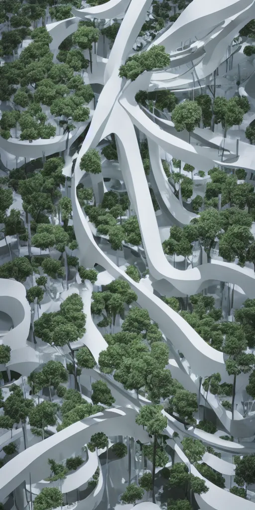 Prompt: a utopian city full of trees, minimal and clean, ando tadao, zaha hadid,