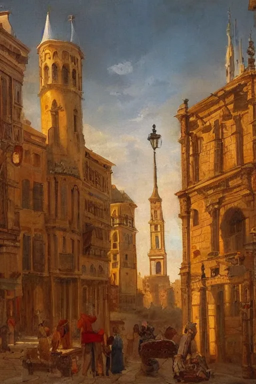 Prompt: painting of view of old European city with mix of middle eastern architecture fusion, photoreal, sunset light, painting by Charles Leickert , old master painting