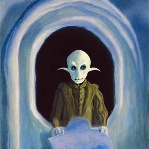 Prompt: Nosferatu in an igloo painting an impressionist self-portrait